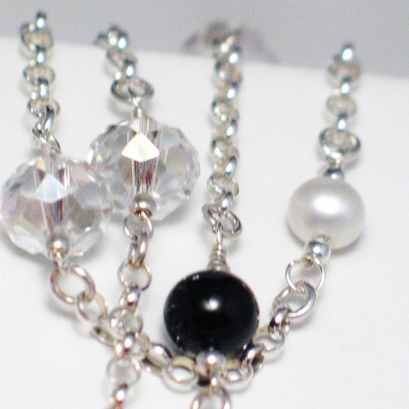 Rolo Chain Crystal Pearl Station Necklace Sterling - Picture 3 of 4